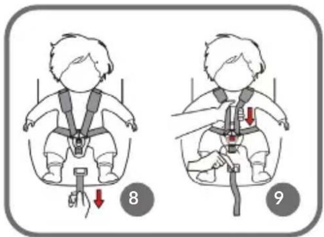 Illustration showing two child car seatbelting scenarios with red arrows indicating down or up movement, labeled 8 and 9.
