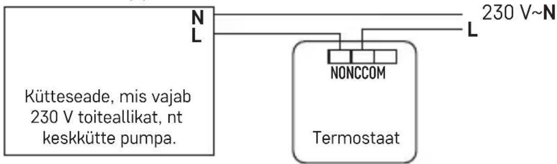 Kütteseade, mis vajab 230 V toiteallikat, nt keskkütte pumpa. N L 230 V~N NONCCOM Termostaat