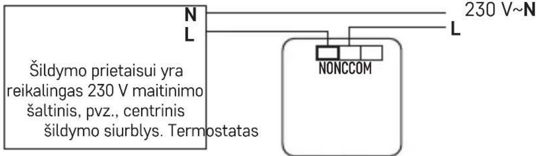 Šildymo prietaisui yra reikalingas 230 V maitinimo šaltinis, pvz., centrinis šildymo siurblys. Termostatas N L 230 V~N NONCCOM
