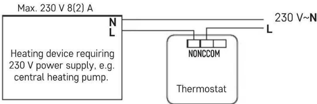 Emos P5607 - Voltage connection diagram for connecting thermostat P5607 to a boiler with „NO“ outlet: - 1