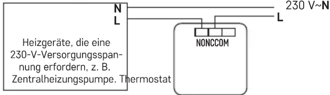 Heizgeräte, die eine 230-V-Versorgungsspan- nung erfordern, z. B. Zentralheizungspumpe. Thermostat N L 230 V~N L NONCCOM
