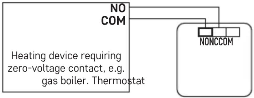 Emos P5607 - Zero-voltage connection diagram for connecting the P5607 thermostat to a boiler with an NO outlet: - 1
