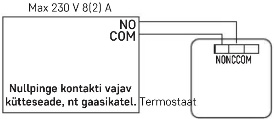 Emos P5604 - Nullpinge ühenduse skeem termostaadi P5604 ühendamiseks NO-pistikupesaga katla jaoks: - 1