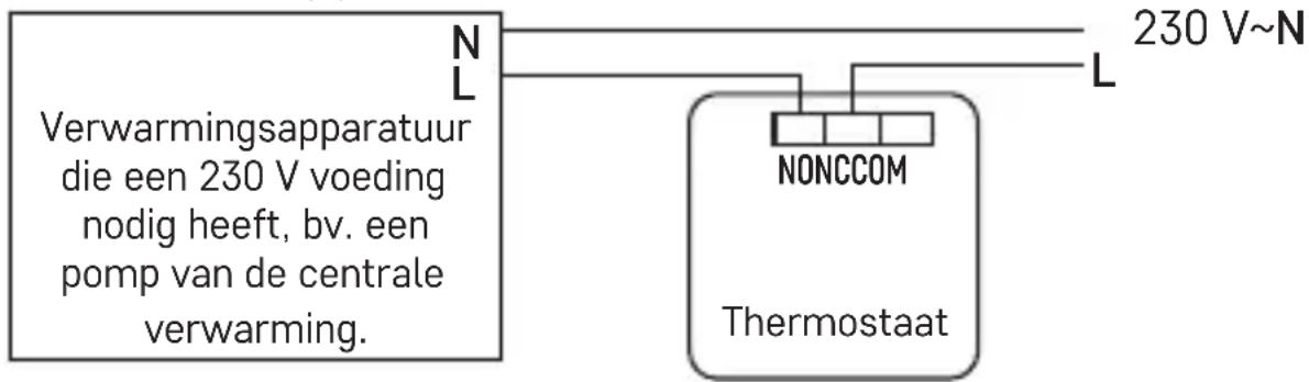 Verwarmingsapparatuur die een 230 V voeding nodig heeft, bv. een pomp van de centrale verwarming. N L 230 V~N NONCCOM Thermostaat