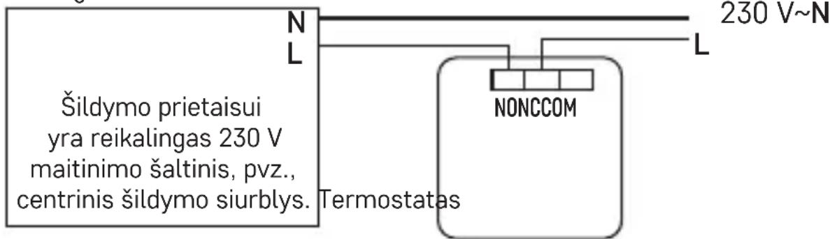 Šildymo prietaisui yra reikalingas 230 V maitinimo šaltinis, pvz., centrinis šildymo siurblys. Termostatas N L 230 V~N NONCCOM