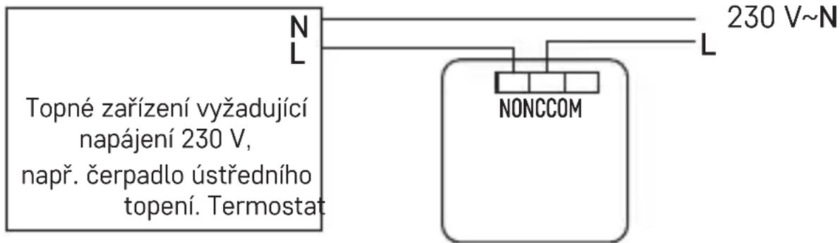 Topné zařízení vyžadující napájení 230 V, např. čerpadlo ústředního topení. Termostat NONCCOM 230 V~N L N L