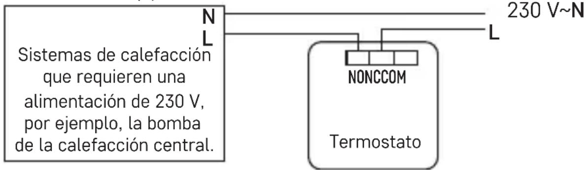 Sistemas de calefacción que requieren una alimentación de 230 V, por ejemplo, la bomba de la calefacción central. N L 230 V~N NONCCOM Termostato