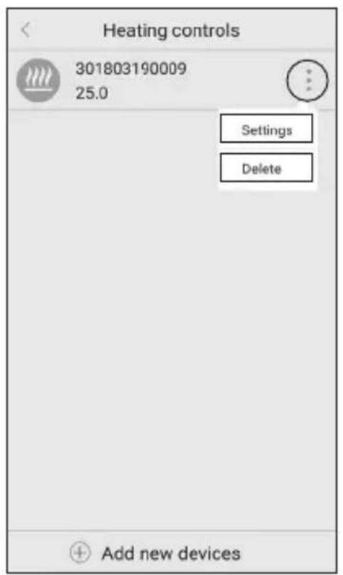 Heating controls 301803190009 25.0 Settings Delete Add new devices