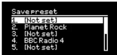 Save Preset 1. [Not set] 2. Planet Rock 3. [Not set] 4. BBC Radio 4 5. [Not set]