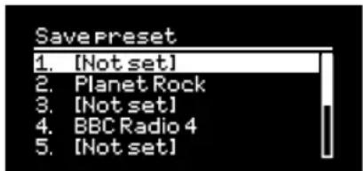 Save Preset 1. [Not set] 2. Planet Rock 3. [Not set] 4. BBC Radio 4 5. [Not set]