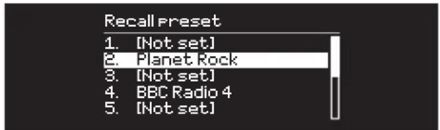 Recall Preset 1. [Not set] 2. Planet Rock 3. [Not set] 4. BBC Radio 4 5. [Not set]