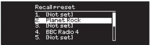 Recall preset 1. [Not set] 2. Planet Rock 3. [Not set] 4. BBC Radio 4 5. [Not set]