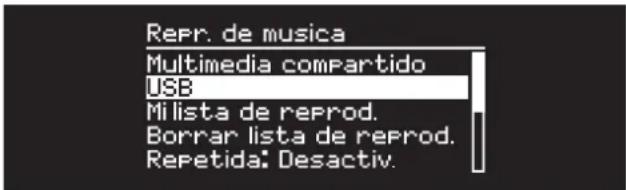 Repr. de musica Multimedia compartido USB Mi lista de reprod. Borrar lista de reprod. Repetida: Desactiv.