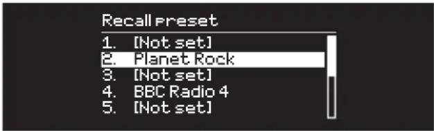 Recall Preset 1. [Not set] 2. Planet Rock 3. [Not set] 4. BBC Radio 4 5. [Not set]