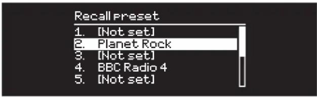 Recall Preset 1. [Not set] 2. Planet Rock 3. [Not set] 4. BBC Radio 4 5. [Not set]