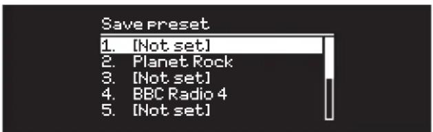 Save preset 1. [Not set] 2. Planet Rock 3. [Not set] 4. BBC Radio 4 5. [Not set]