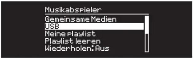 Musikabspieler Gemeinsame Medien USB Meine Playlist Playlist leeren Wiederholen: Aus