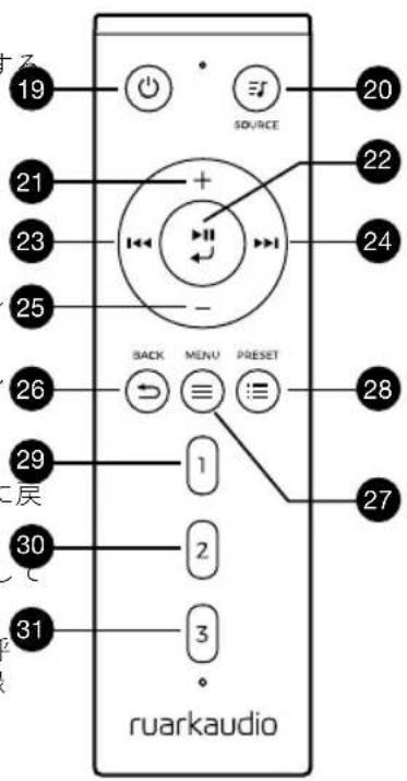 19 SOURCE 20 21 + 22 23 24 25 - BACK MENU PRESET 26 27 28 29 1 2 3 31 辰 ruarkaudio