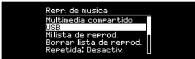 Repr. de musica Multimedia compartido USB Milista de reprod. Borrar lista de reprod. Repetida: Desactiv.