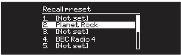 Recall Preset 1. [Not set] 2. Planet Rock 3. [Not set] 4. BBC Radio 4 5. [Not set]