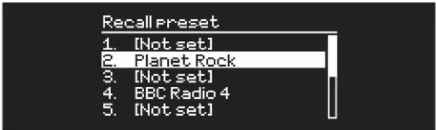 Recall Preset 1. [Not set] 2. Planet Rock 3. [Not set] 4. BBC Radio 4 5. [Not set]