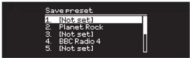 Save preset 1. [Not set] 2. Planet Rock 3. [Not set] 4. BBC Radio 4 5. [Not set]