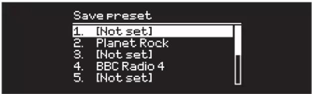 Save Preset 1. [Not set] 2. Planet Rock 3. [Not set] 4. BBC Radio 4 5. [Not set]