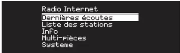 Radio Internet Dernières écoutes Liste des stations Info Multi-pieces Systeme
