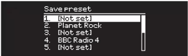 Save Preset 1. [Not set] 2. Planet Rock 3. [Not set] 4. BBC Radio 4 5. [Not set]