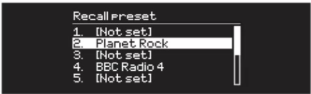 Recall Preset 1. [Not set] 2. Planet Rock 3. [Not set] 4. BBC Radio 4 5. [Not set]