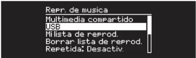Repr. de musica Multimedia compartido USB Mi lista de reprod. Borrar lista de reprod. Repetida: Desactiv.