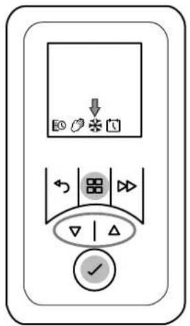 Diagram of a control panel with labeled buttons and indicators, including dropdown, play, and check symbols.