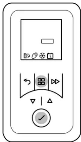 Diagram of a device control panel with buttons, display, and directional indicators