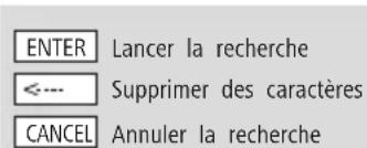 ENTER Lancer la recherche <--- Supprimer des caractères CANCEL Annuler la recherche