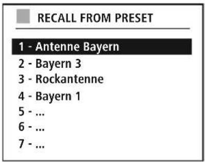 RECALL FROM PRESET 1 - Antenne Bayern 2 - Bayern 3 3 - Rockantenne 4 - Bayern 1 5 - ... 6 - ... 7 - ...
