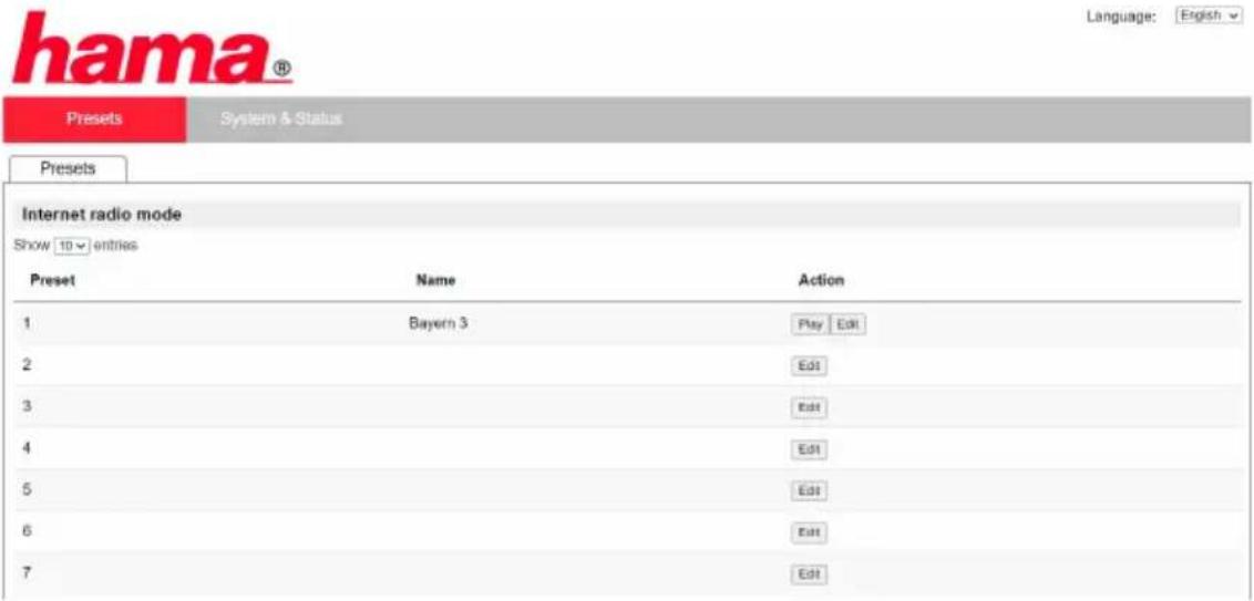 hama® Language: English Presets System & Status Presets Internet radio mode Show 10 entries Preset Name Action 1 Bayern 3 Play Edit 2 Edit 3 Edit 4 Edit 5 Edit 6 Edit 7 Edit
