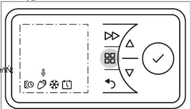 Control panel interface with icons and a dropdown menu, featuring icons like 'E', 'O', 'F', and 'S' in a grid layout.