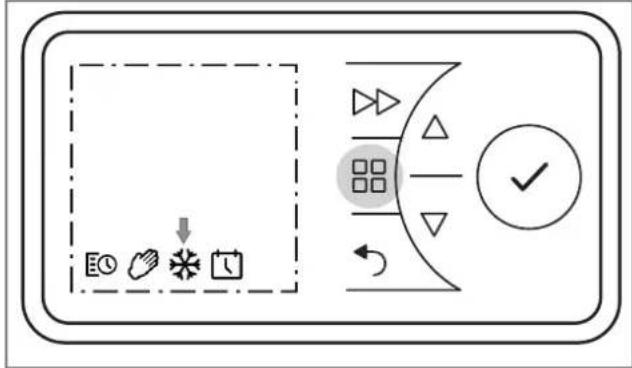 Diagram showing a control panel with icons for zoom, hand, refresh, and display, alongside a circular interface with checkmark.
