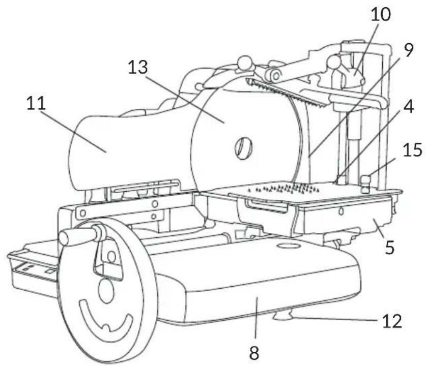 Technical diagram of a mechanical device with numbered components for identification