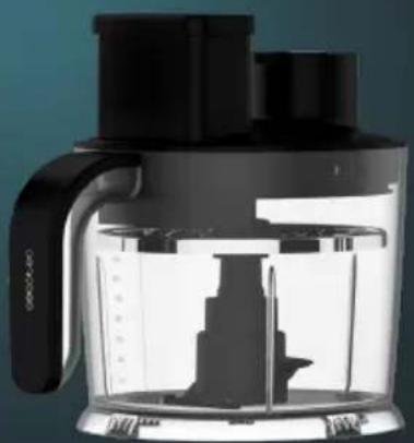 Close-up of a black and white kitchen blender with lid and side blades (no visible text or symbols)
