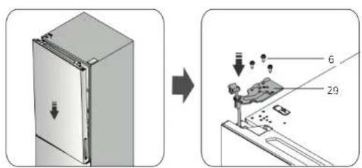 Diagram showing a door panel being removed from a device, with labeled parts and directional arrows indicating removal or assembly.