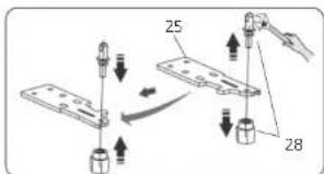 Diagram showing two mechanical components with numbered parts and directional arrows indicating motion or assembly.