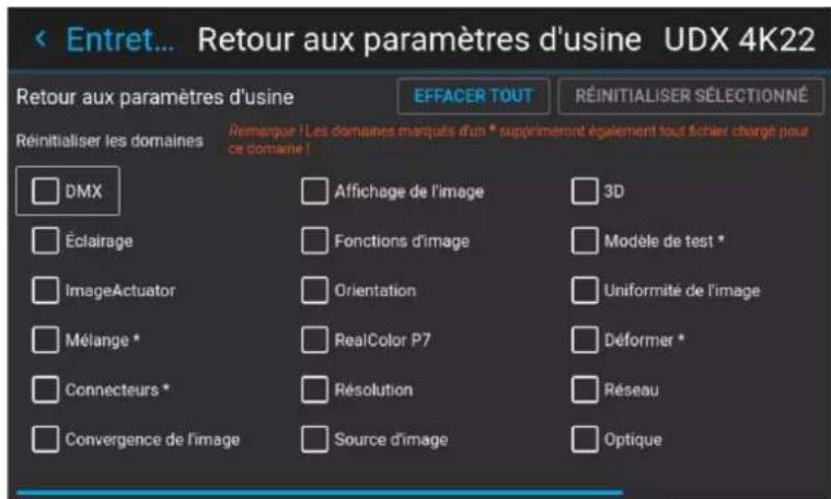Barco UDXW40 FLEX - Comment réinitialiser un ou plusieurs paramètres du projecteur - 2