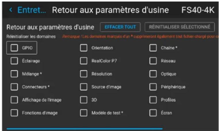 Barco FS404K MKII - Comment réinitialiser un ou plusieurs paramètres du projecteur - 1