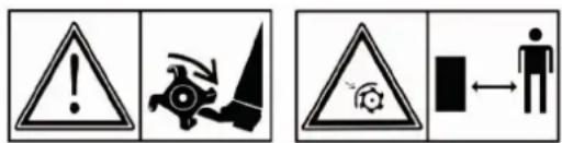 Warning symbols and pictograms: triangular warning triangle with exclamation mark, mechanical device with gear, and human figure with directional arrow.