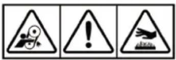 Three triangular warning signs with icons: a gear, an exclamation mark, and a landslide hazard symbol.