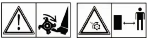 Warning symbols and pictograms: triangular warning triangle, gear with downward arrow, triangular hazard triangle, and human figure with bidirectional arrow