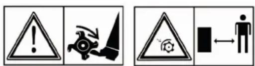 Warning symbols and pictograms: triangular warning triangle, explosion icon, triangular hazard symbol, and human figure with bidirectional arrow