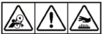 Three warning symbols: triangular warning triangle with gear and warning sign, triangular warning sign with exclamation mark, and triangular warning sign with broken ground symbol.