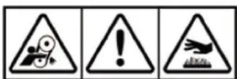 Three warning symbols: triangular warning triangle with gear and explosion, triangular warning sign with exclamation mark, and triangular hazard symbol with broken hand.